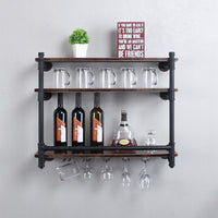 Thumbnail for Industrial Wall Mounted Wine Rack,3-Tier Wood Shelf,Wine Bottle with 5 Stemware Glass Rack,Mugs Racks,Bottle & Glass Holder,Display Racks,Home & Kitchen Décor,Black(30 Inch,Style A)