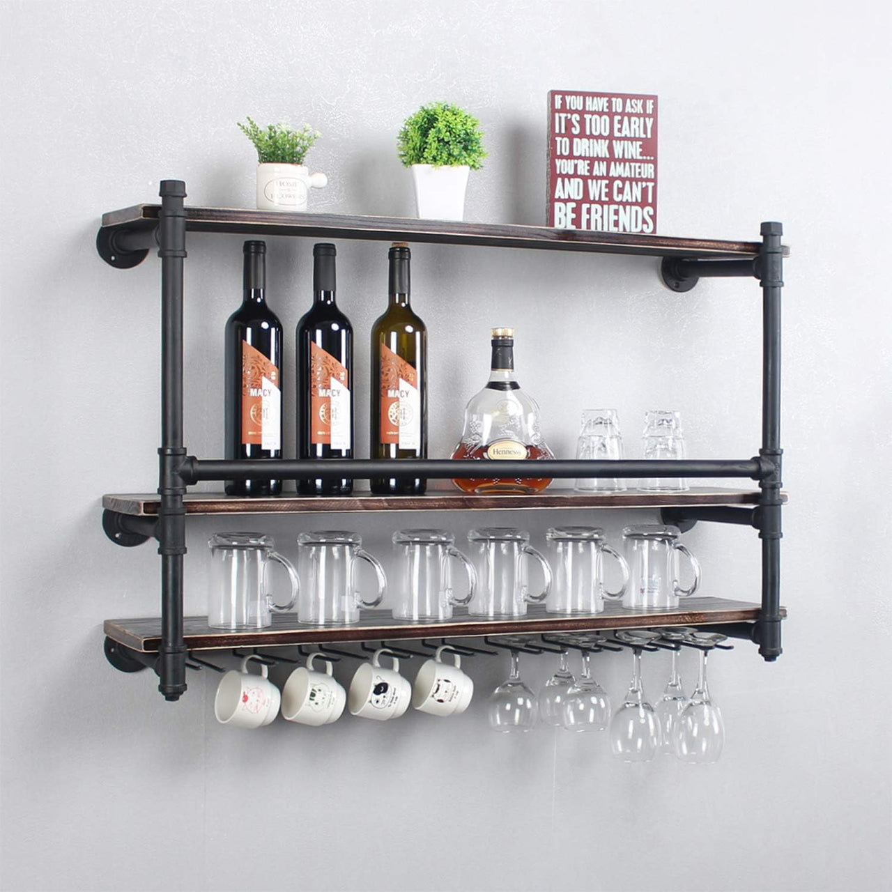 Industrial Wall Mounted Wine Rack,3-Tier Wood Shelf,Wine Bottle with 9 Stemware Glass Rack,Mugs Racks,Bottle & Glass Holder,Display Racks,Home & Kitchen Décor,Black(36 Inch,Style B)