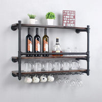 Thumbnail for Industrial Wall Mounted Wine Rack,3-Tier Wood Shelf,Wine Bottle with 9 Stemware Glass Rack,Mugs Racks,Bottle & Glass Holder,Display Racks,Home & Kitchen Décor,Black(36 Inch,Style B)