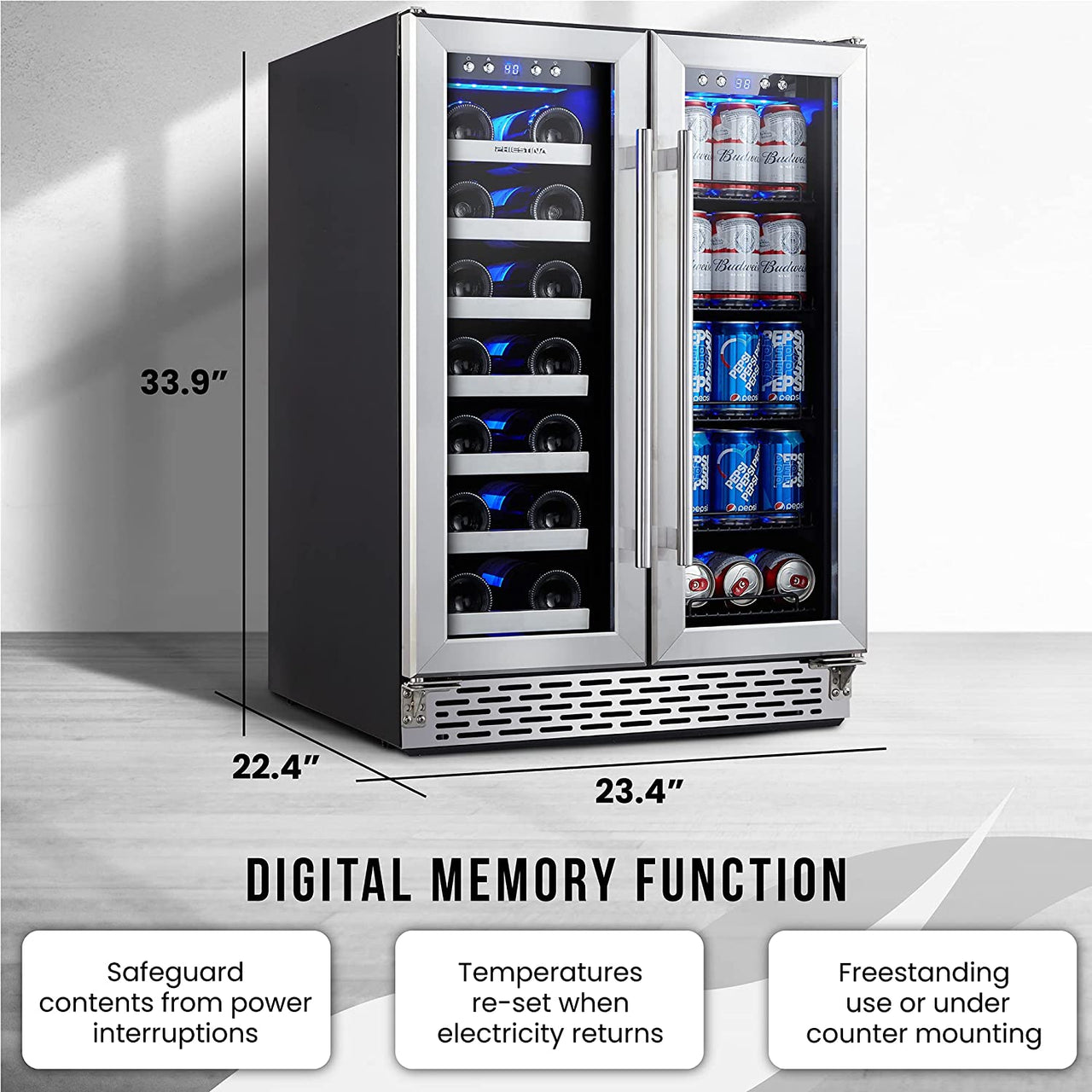 Wine and Beverage Refrigerator, Wine Cooler 20 Bottles&78 Cans 24’’, Built-In/Freestanding Dual Zone Wine Fridge with Glass Door Removable Shelves for Home/Bar/Office Quiet