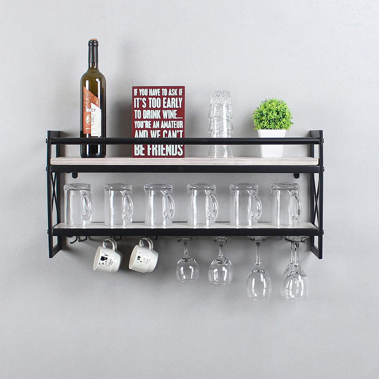 Modern Wall Mounted Wine Rack,2 Layer Bottle & Glass Holder,30 Wine Storage Stemware Glass Rack,Metal & Wood Display Racks,Home & Kitchen Decor Storage Rack,Vintage White