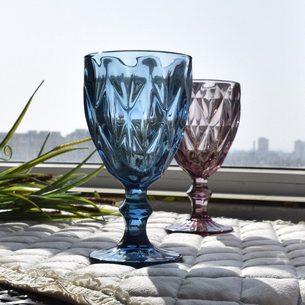 Retro Colored Wine Glasses Drink Water Cup with Multi-Color Diamond Pattern Goblet Glass