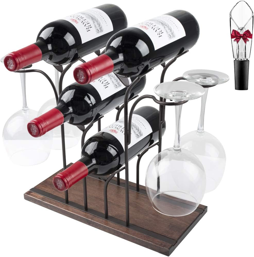 Tabletop Wood Wine Holder, Countertop Wine Rack, Hold 4 Wine Bottles and 4 Glasses, Freestanding Wine Storage Rack for Kitchen Home Bar Storage, Wine Cellar, Cabinet, Pantry, Etc, Bronze