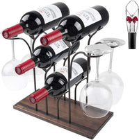 Thumbnail for Tabletop Wood Wine Holder, Countertop Wine Rack, Hold 4 Wine Bottles and 4 Glasses, Freestanding Wine Storage Rack for Kitchen Home Bar Storage, Wine Cellar, Cabinet, Pantry, Etc, Bronze