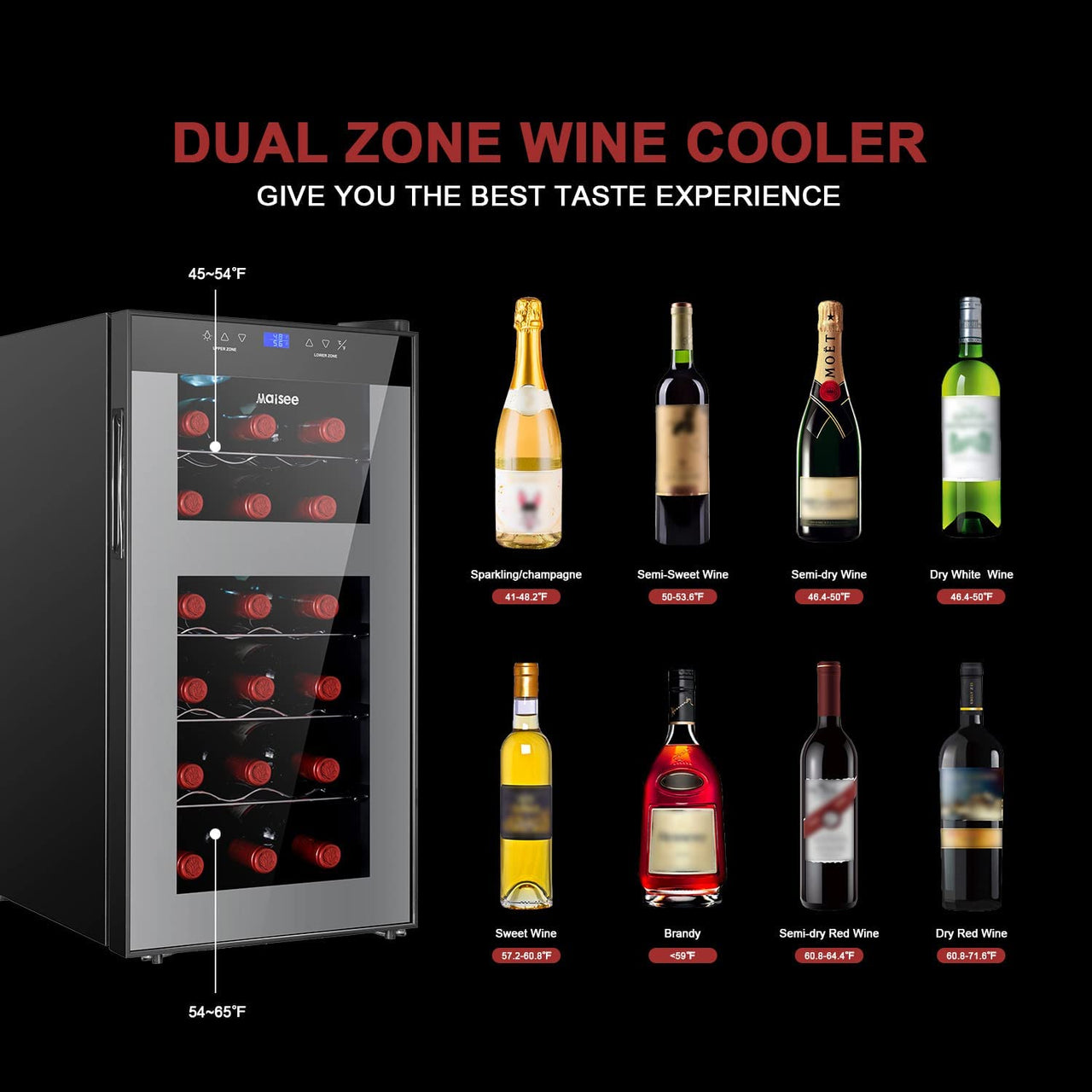 Wine Fridge Dual Zone,18 Bottles Wine Cooler Refrigerator Chiller Upper Zone 46F-54F Lower Zone 54F-65F for Red White Wine Champagne in Home Office Bedroom Countertop （18 Bottles,Black