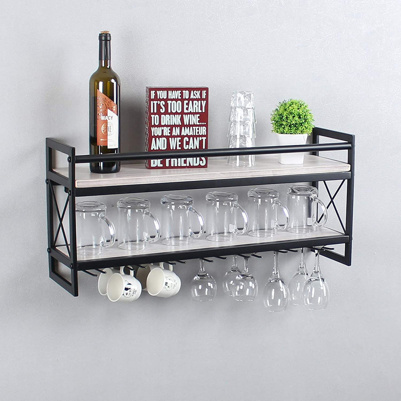 Modern Wall Mounted Wine Rack,2 Layer Bottle & Glass Holder,30 Wine Storage Stemware Glass Rack,Metal & Wood Display Racks,Home & Kitchen Decor Storage Rack,Vintage White