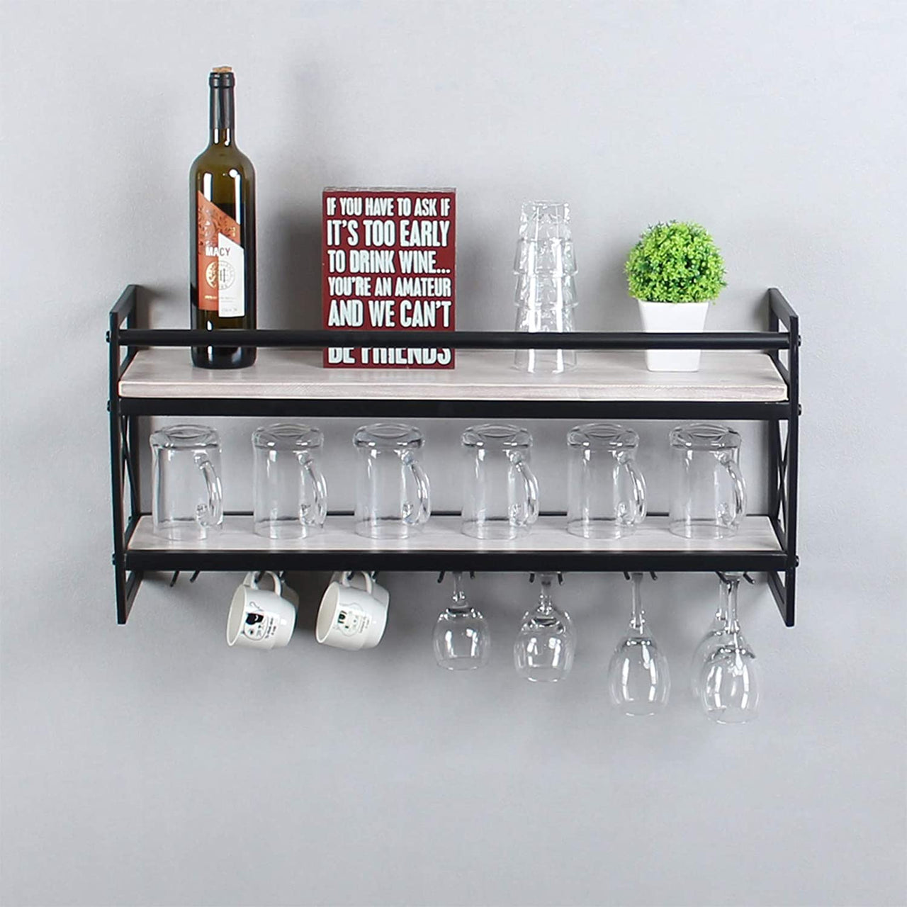 Modern Wall Mounted Wine Rack,2 Layer Bottle & Glass Holder,30 Wine Storage Stemware Glass Rack,Metal & Wood Display Racks,Home & Kitchen Decor Storage Rack,Vintage White