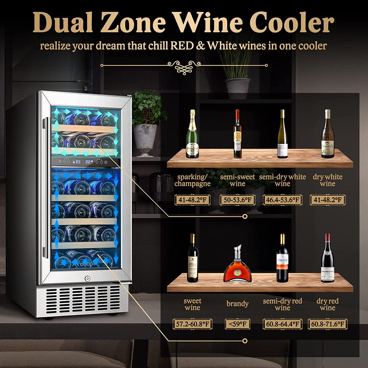 【Upgraded】 15 Inch Wine Cooler, 28 Bottle Dual Zone Wine Refrigerator with Stainless Steel Tempered Glass Door,Memory Function, Fit Champagne Bottles, Wine Fridge Freestanding and Built-In