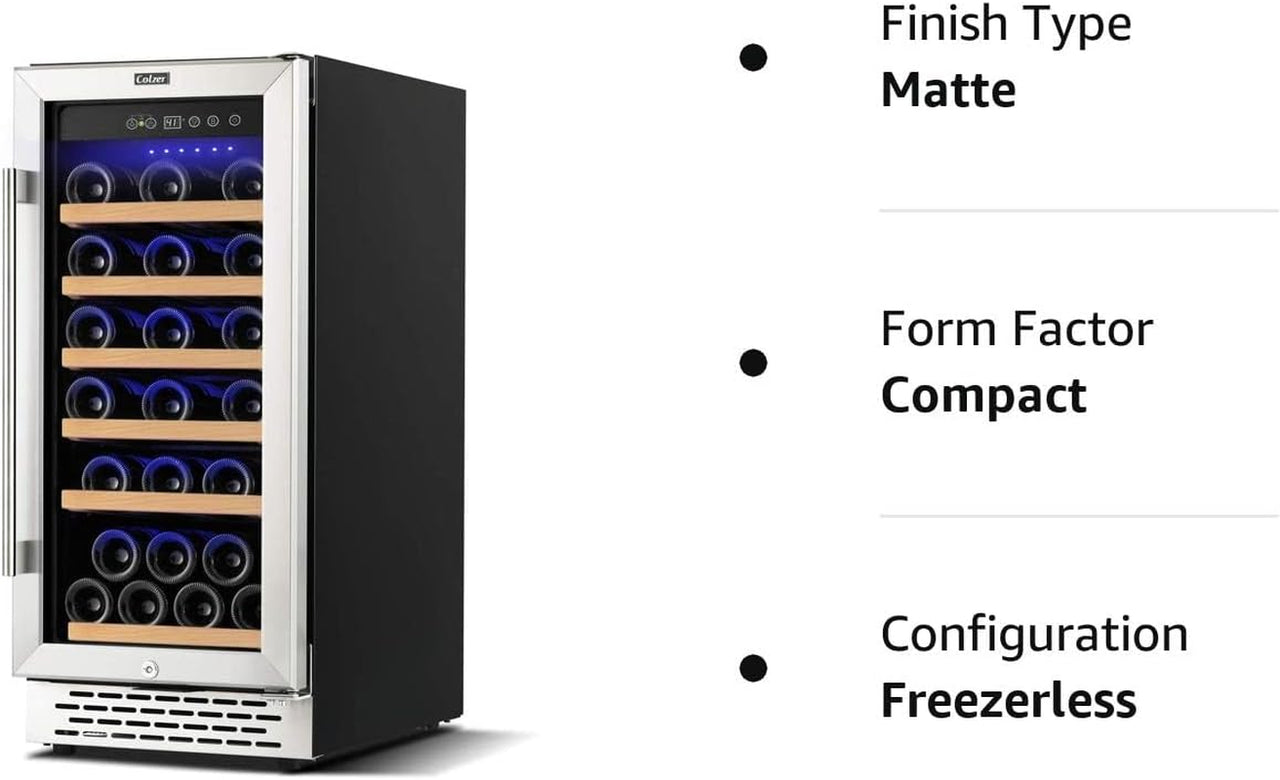 15 Inch Wine Cooler Refrigerators, 30 Bottle Fast Cooling Low Noise and No Fog Wine Fridge with Professional Compressor Stainless Steel, Digital Temperature Control Screen Built-In Freestanding