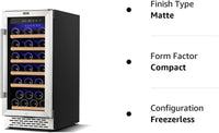 Thumbnail for 15 Inch Wine Cooler Refrigerators, 30 Bottle Fast Cooling Low Noise and No Fog Wine Fridge with Professional Compressor Stainless Steel, Digital Temperature Control Screen Built-In Freestanding