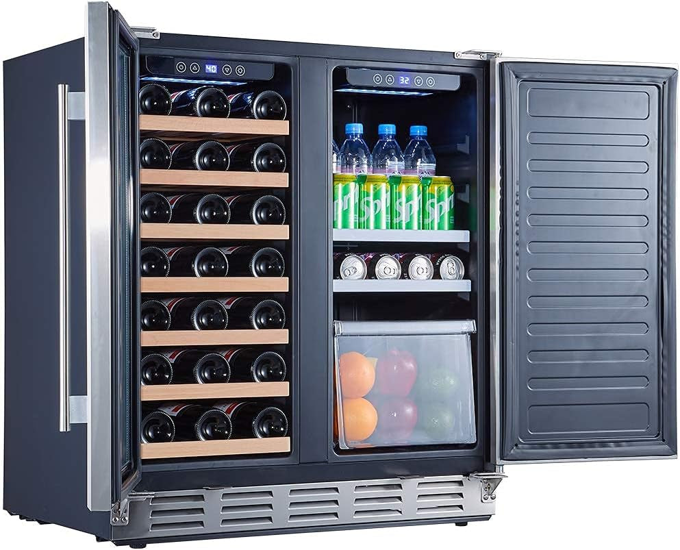 "Ultimate 2-in-1 Wine and Beverage Refrigerator - Store 33 Bottles and 104 Cans  - Sleek Glass Door and Stainless Steel Finish -"