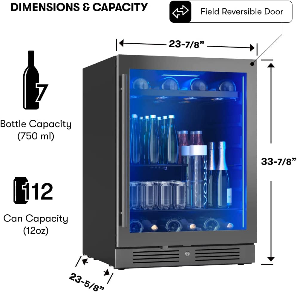 24" Wine Fridge & Beverage Refrigerator Single Zone under Counter - Mini Wine Cooler Cellars Small Beer Cabinet Drink Chiller Freestanding with French Glass Door Black, 7 Bottles, 112 Cans