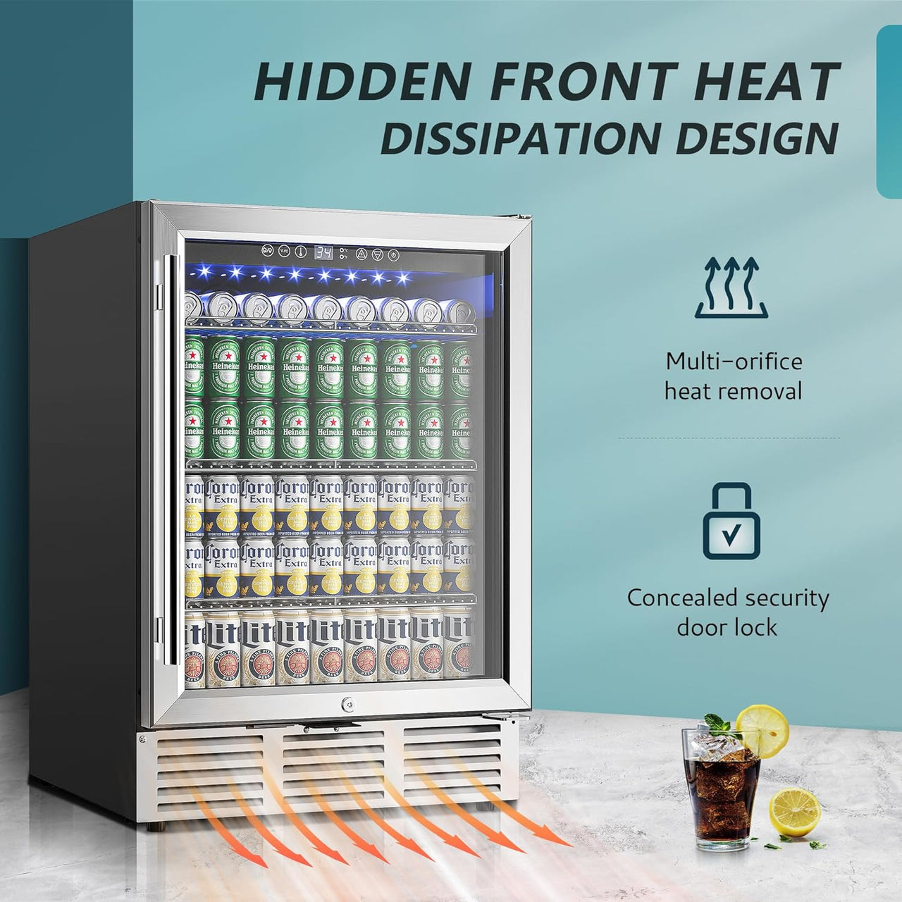 24 Inch Beverage Refrigerator, 180 Can Built-In or Freestanding Beverage Cooler, under Counter Beer Fridge with Glass Door for Soda, Water, Wine - for Kitchen, Bar or Office.