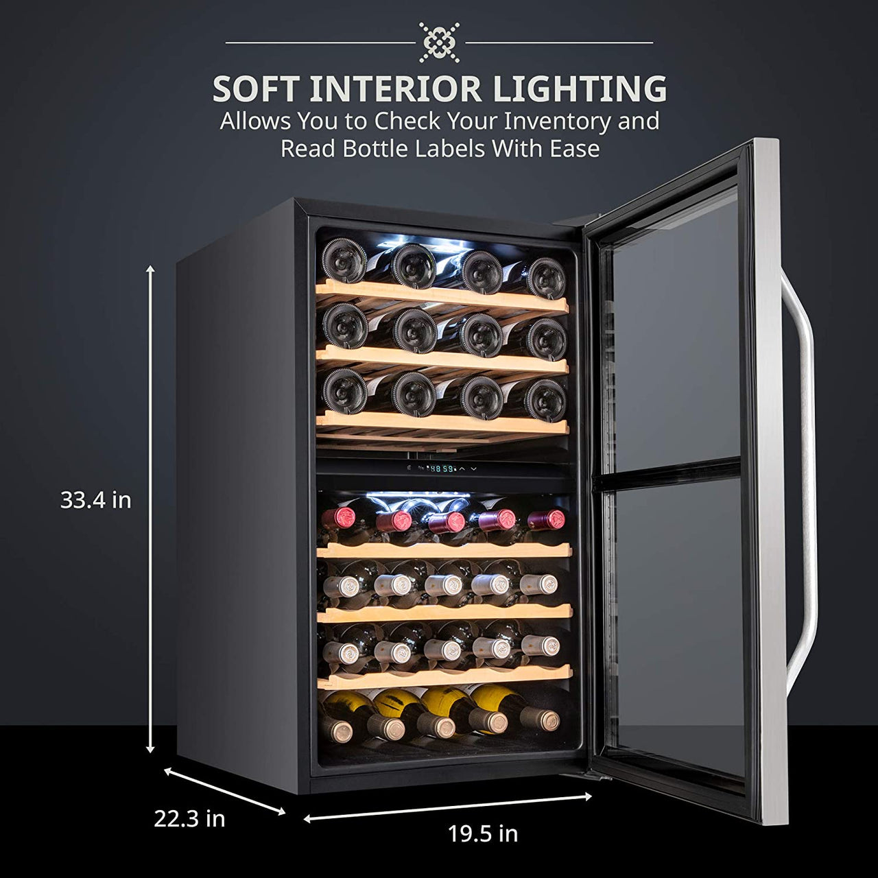 43 Bottle Dual Zone Wine Cooler Refrigerator W/Lock | Large Freestanding Wine Cellar for Red, White, Champagne & Sparkling Wine | 41F-64F Digital Temperature Control Fridge Stainless Steel