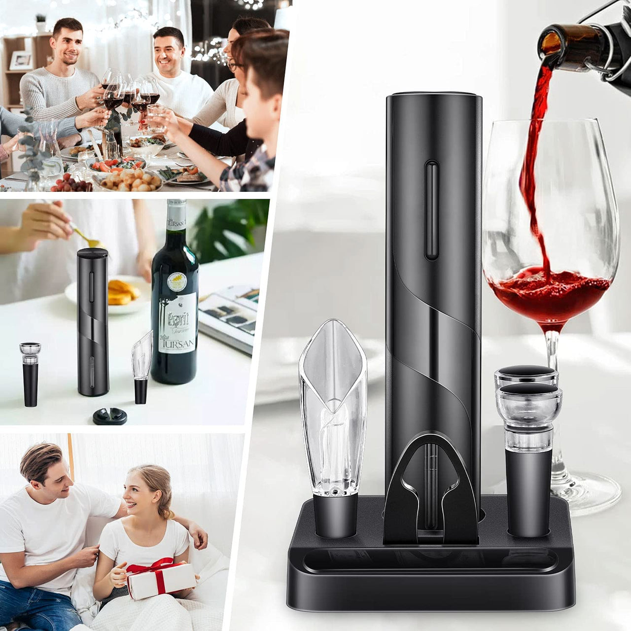 Electric Wine Opener, Electric Wine Bottle Opener Kit Cordless Corkscrew Opener Includes Automatic Wine Opener, Foil Cutter, Vacuum Stoppers, Wine Aerator Pourer,5-In-1 Wine Opener Gift Set