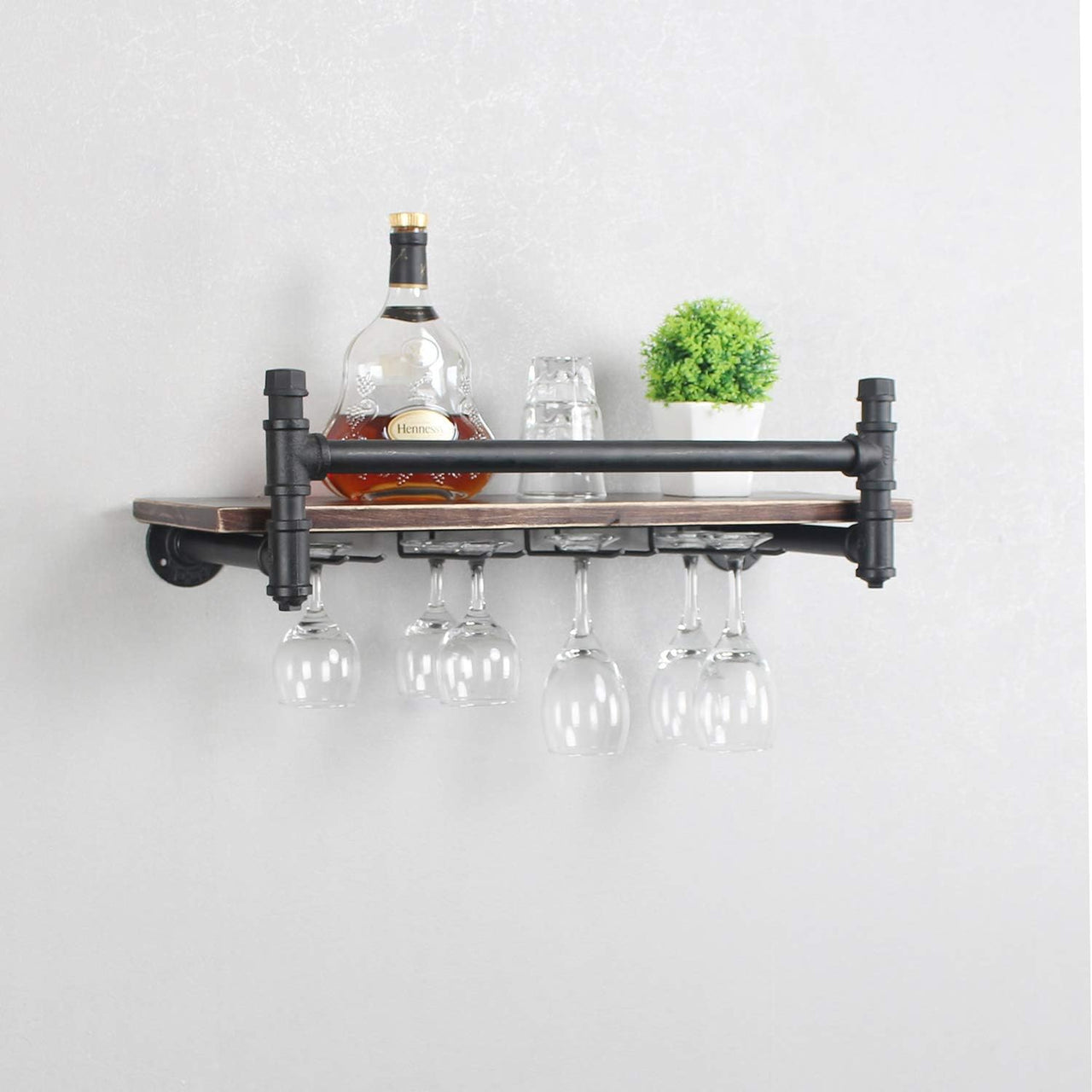 Industrial Wall Mounted Wine Rack,1-Tier Wood Shelf,Wine Bottle with 4 Stemware Glass Rack,Mugs Racks,Bottle & Glass Holder,Display Racks,Home & Kitchen Décor,Black(24 In)