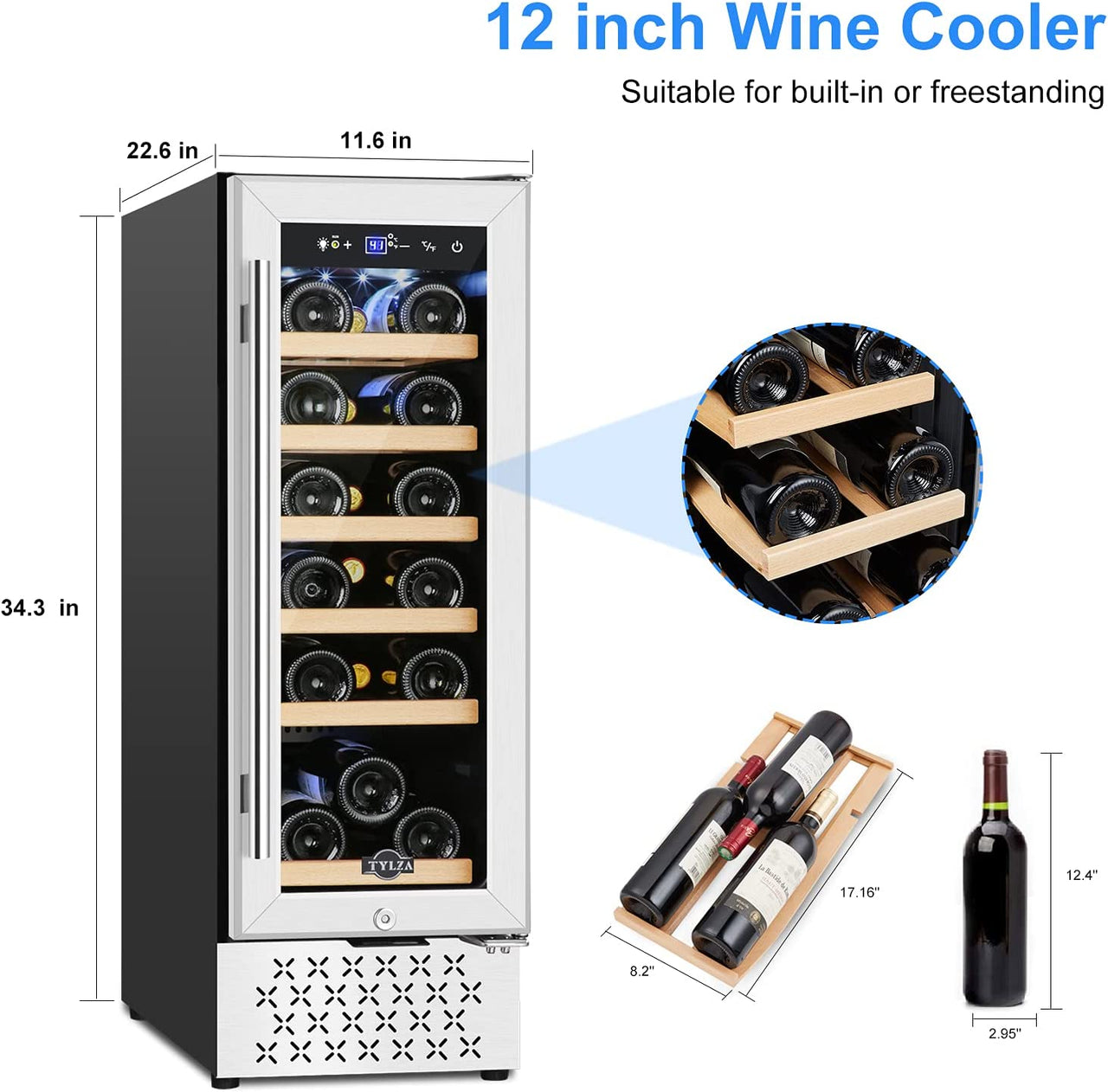 12" Wine Cooler Refrigerator 18 Bottle Wine Fridge Built-In/Freestanding with Stainless Steel & Double-Layer Tempered Glass Door Compressor Fast Cooling Low Noise and No Fog Mini Fridge