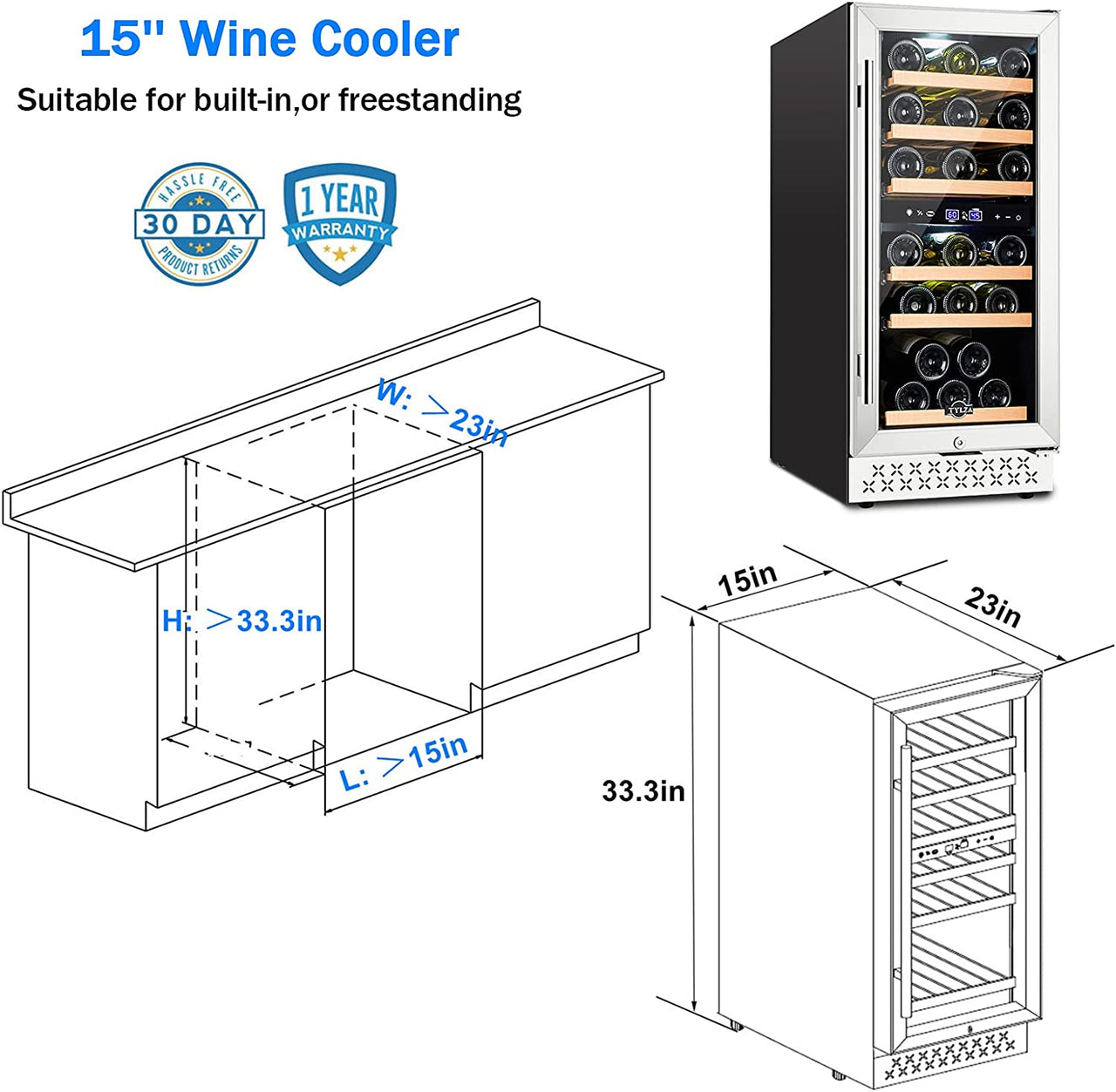 Mini Fridge 15 Inch Wine Cooler under Counter, 30 Bottle Dual Zone Wine Fridge with Stainless Steel, Wine Refrigerator Freestanding, and Built-In Wine Cellars TYWC100