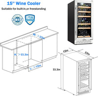 Thumbnail for Mini Fridge 15 Inch Wine Cooler under Counter, 30 Bottle Dual Zone Wine Fridge with Stainless Steel, Wine Refrigerator Freestanding, and Built-In Wine Cellars TYWC100