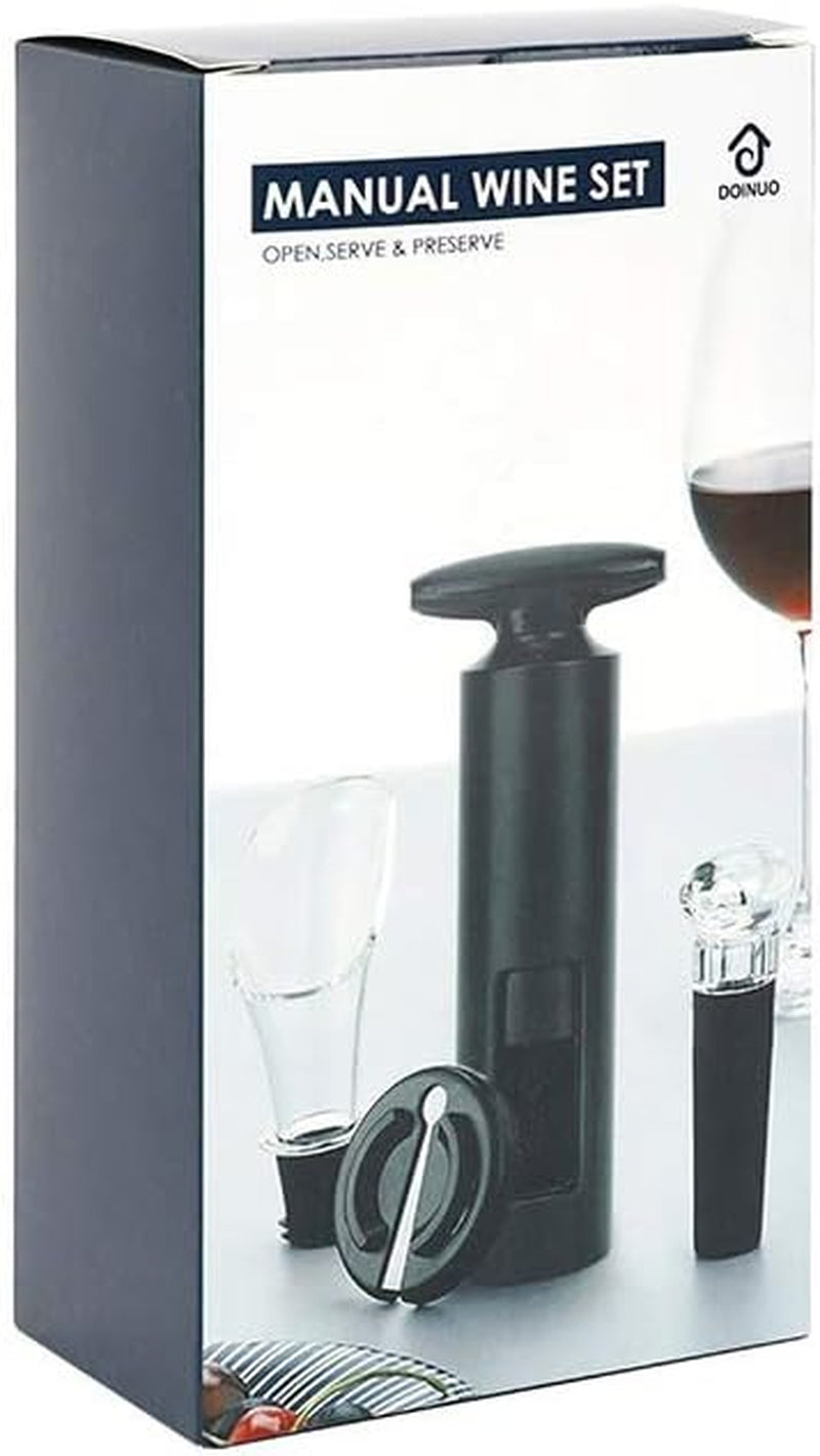 Manual Wine Bottle Opener Portable Corkscrew with Foil Cutter, Vacuum Stopper, and Wine Aerator Pourer, 4-In-1 Waiter Corkscrew for Wine Lover (Black - Manual)