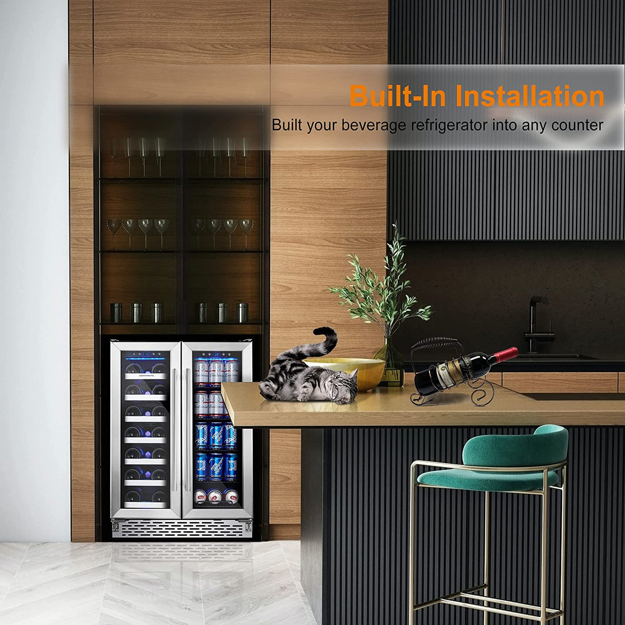 Wine and Beverage Refrigerator, Wine Cooler 20 Bottles&78 Cans 24’’, Built-In/Freestanding Dual Zone Wine Fridge with Glass Door Removable Shelves for Home/Bar/Office Quiet