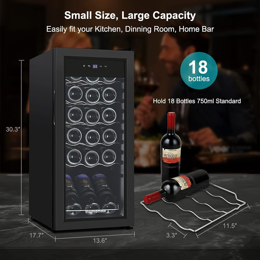 18 Bottle Wine Cooler Refrigerator, 1.76Cu.Ft Freestanding Compressor Wine Fridge, Auto Defrost Quiet Operation Single Zone Wine Cellar, 41F-64F Temperature Range for Red, White and Champagne Wine, ETL Listed