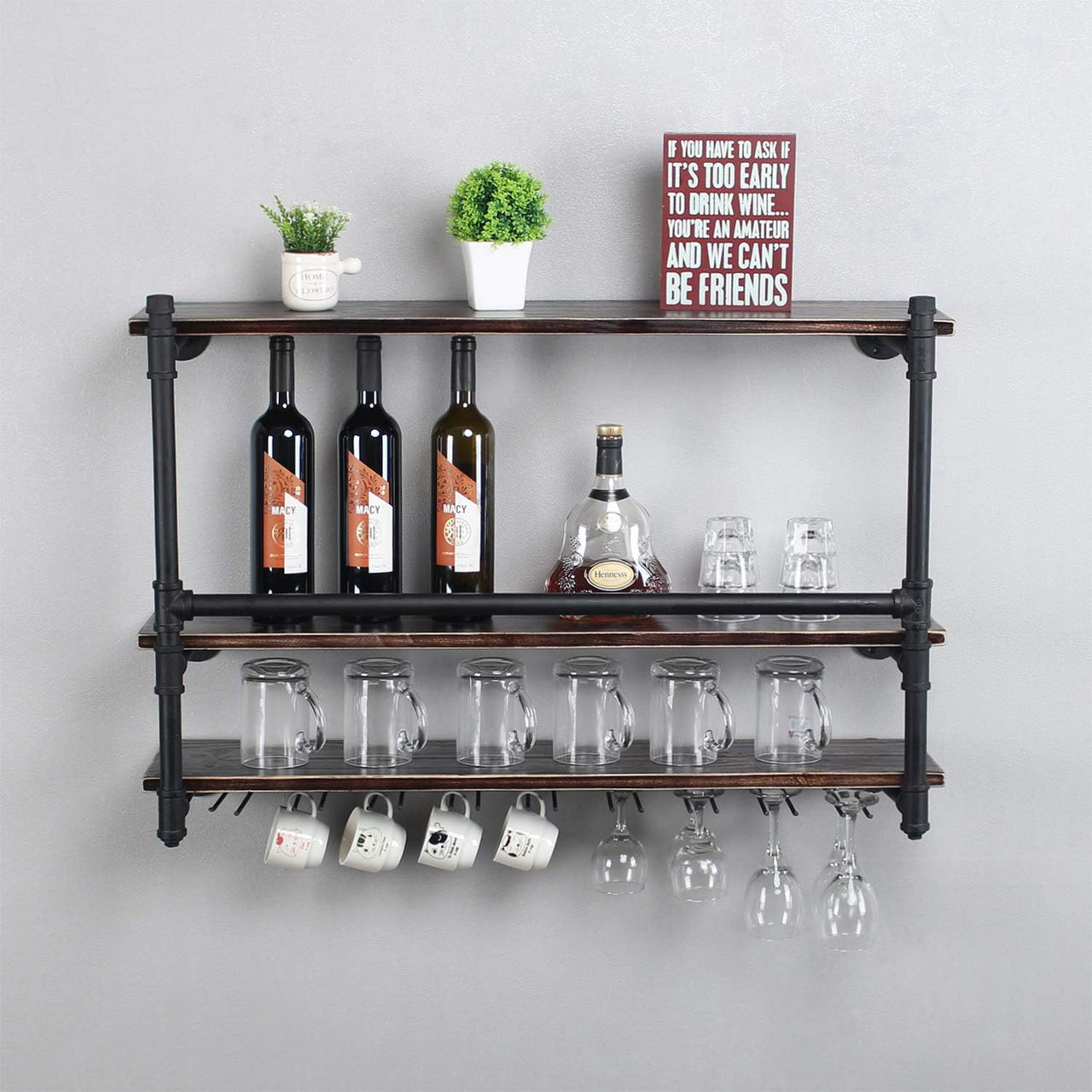 Industrial Wall Mounted Wine Rack,3-Tier Wood Shelf,Wine Bottle with 9 Stemware Glass Rack,Mugs Racks,Bottle & Glass Holder,Display Racks,Home & Kitchen Décor,Black(36 Inch,Style B)