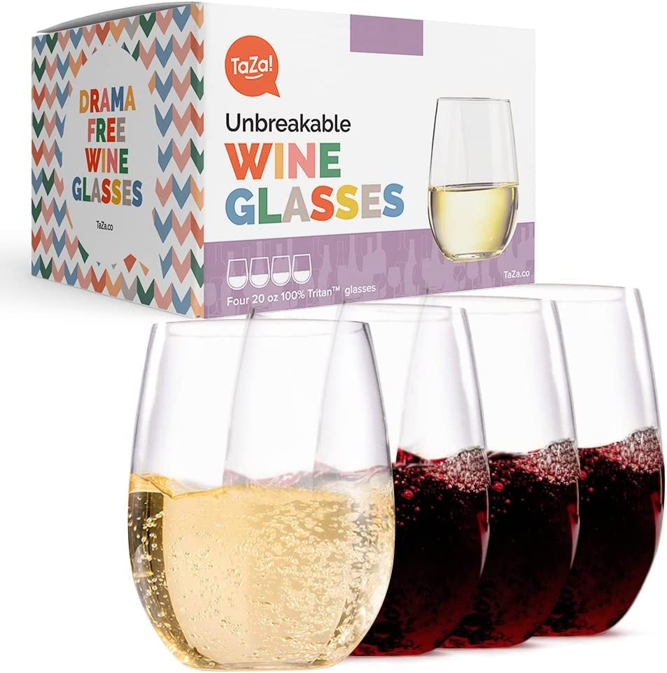 Outdoor Wine Glasses Stemless, 20Oz Set of 4, Unbreakable Tritan Plastic Drinkware, Dishwasher Safe Reusable Glasses, Clear Shatterproof Glassware