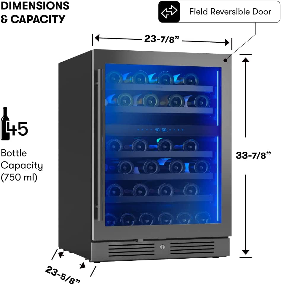 Presrv 24" Wine Fridge Dual Zone under Counter - Countertop Mini Wine Cooler Cellars Small Cabinet Wine Refrigerator Home Bar Chiller Freestanding with French Glass Door Black, 45 Bottles 750Ml