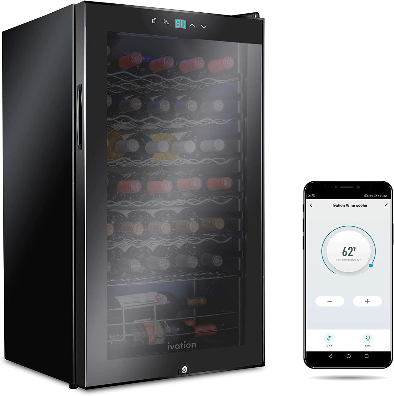 34 Bottle Compressor Wine Cooler Refrigerator with Wi-Fi Smart App Control Cooling System | Large Freestanding Wine Cellar Fridge for Red White Champagne or Sparkling, Black Glass Door & Lock