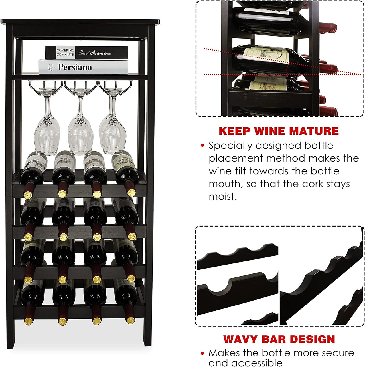 Wine Rack with Glass Holder & Table Top, 16 Bottles Storage, Floor Free Standing Bamboo Display Shelves for Home, Kitchen, Pantry, Cellar, Bar (Espresso)