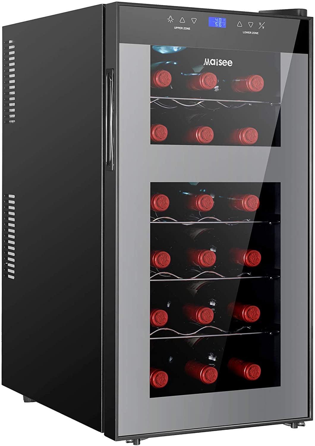 Wine Fridge Dual Zone,18 Bottles Wine Cooler Refrigerator Chiller Upper Zone 46F-54F Lower Zone 54F-65F for Red White Wine Champagne in Home Office Bedroom Countertop （18 Bottles,Black