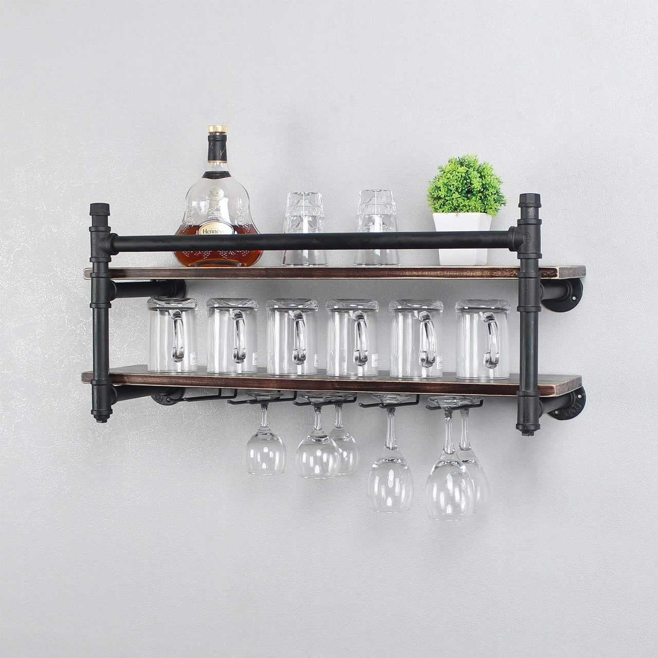 Industrial Wall Mounted Wine Rack,2-Tier Wood Shelf,Wine Bottle with 5 Stemware Glass Rack,Mugs Racks,Bottle & Glass Holder,Display Racks,Home & Kitchen Décor,Black(30 Inch,Style B)