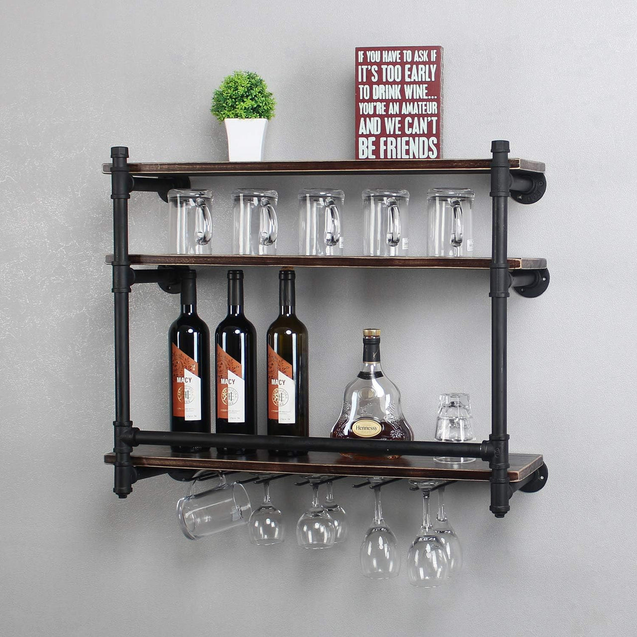 Industrial Wall Mounted Wine Rack,3-Tier Wood Shelf,Wine Bottle with 5 Stemware Glass Rack,Mugs Racks,Bottle & Glass Holder,Display Racks,Home & Kitchen Décor,Black(30 Inch,Style A)