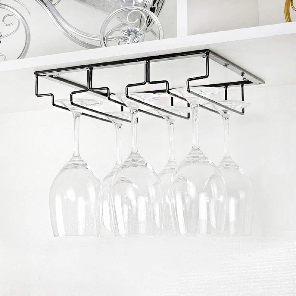 Wine Glass Rack - under Cabinet Stemware Wine Glass Holder Glasses Storage Hanger 2 Pack Metal Organizer for Bar Kitchen Black