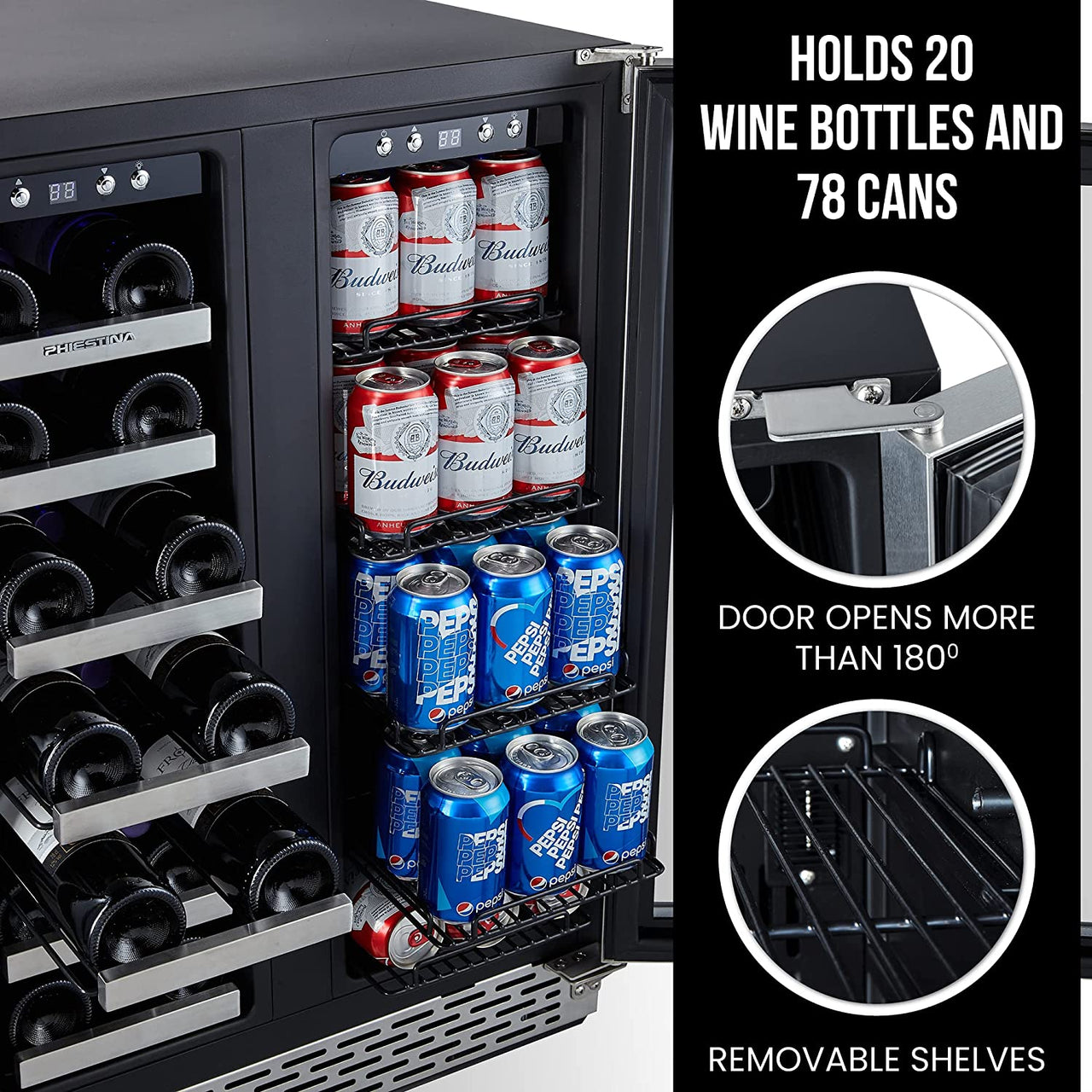 Wine and Beverage Refrigerator, Wine Cooler 20 Bottles&78 Cans 24’’, Built-In/Freestanding Dual Zone Wine Fridge with Glass Door Removable Shelves for Home/Bar/Office Quiet