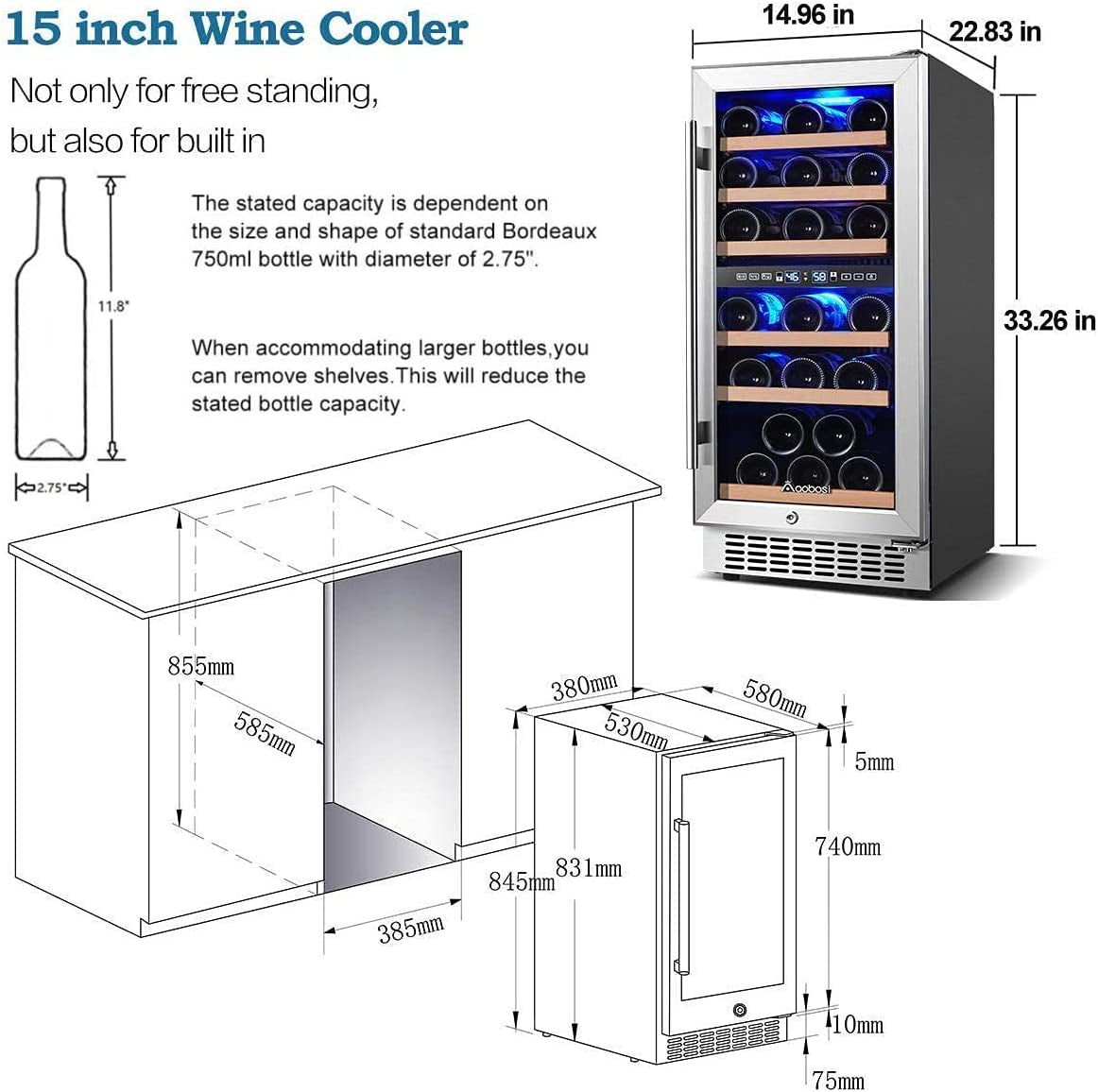 Wine Cooler Refrigerator 15 Inch Dual Zone Wine Fridge for 30 Bottles Built in or Freestanding Compressor Wine Chiller with Temperature Memory | Fog Free, Front Vent, Quick and Quiet Operation