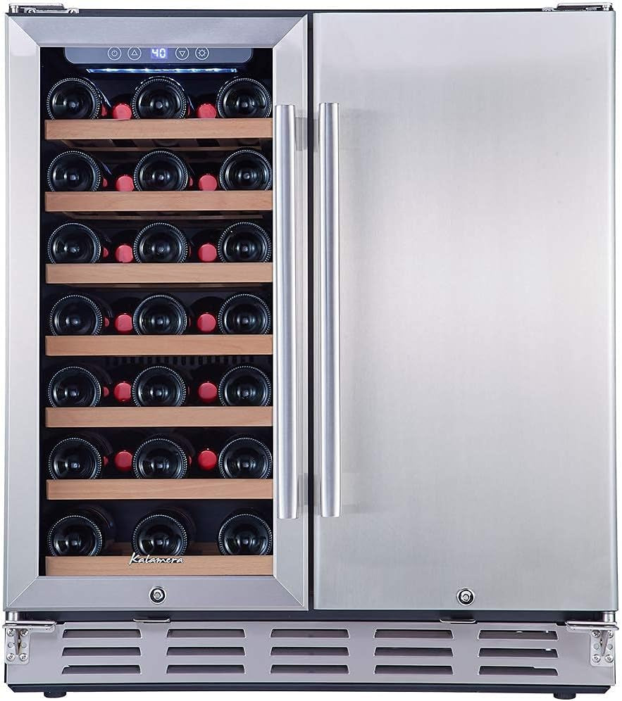 "Ultimate 2-in-1 Wine and Beverage Refrigerator - Store 33 Bottles and 104 Cans  - Sleek Glass Door and Stainless Steel Finish -"