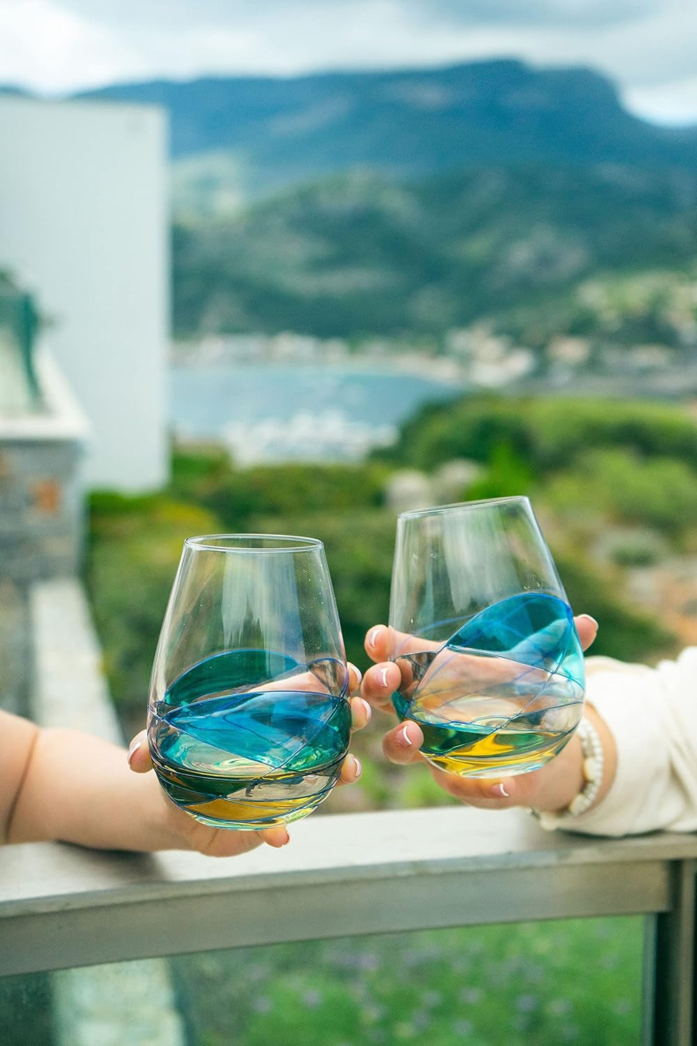 Stemless Wine Glasses Set of 2 (21 Oz) - Handblown & Handmade, Painted Blue Wine Glass, Gifts for Women, Birthdays, Anniversaries, and Weddings - 2 Unit (Set 2)