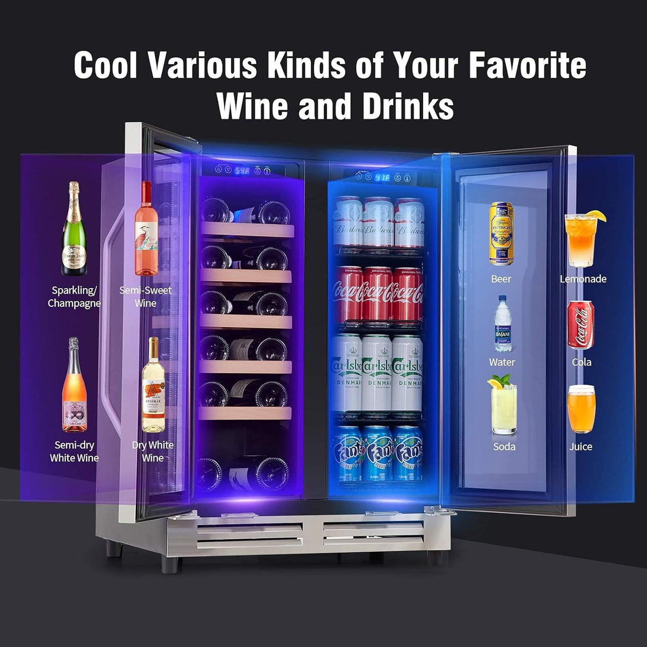 24 Inch Wine and Beverage Refrigerator, Built-In & Freestanding with Digital Control, Hold 20 Bottle and 50 Cans