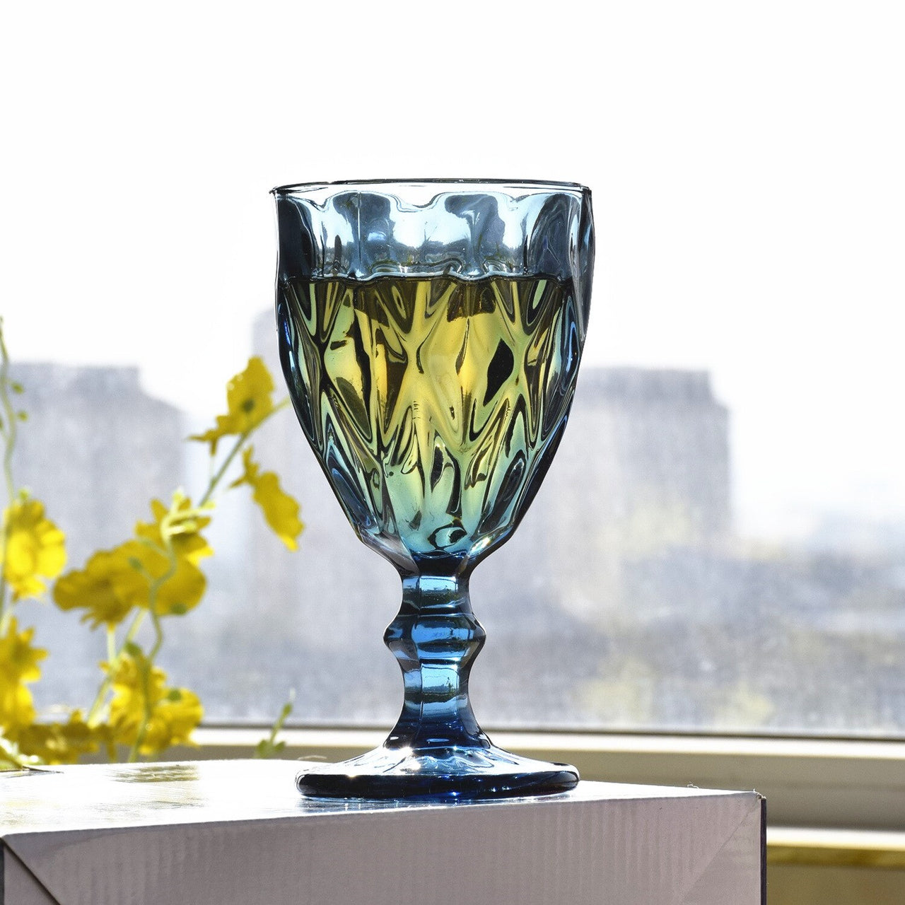 Retro Colored Wine Glasses Drink Water Cup with Multi-Color Diamond Pattern Goblet Glass