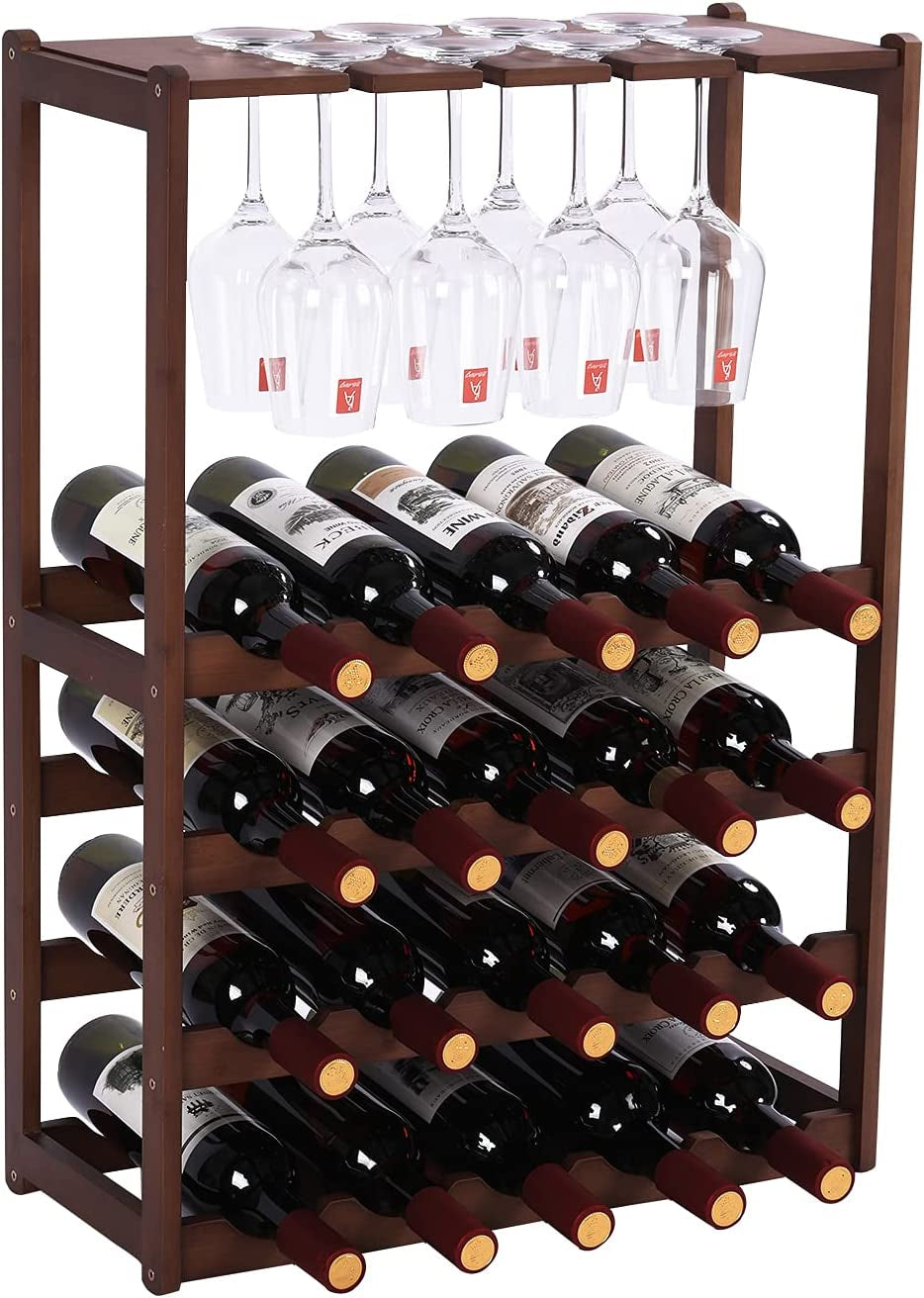 Wine Rack Free Standing 20 Bottles with 8 Glasses Holder,Bamboo Wine Storage Shelf for Home Kitchen Pantry Wine Cellar Organizer Display Stand for Wine Lover