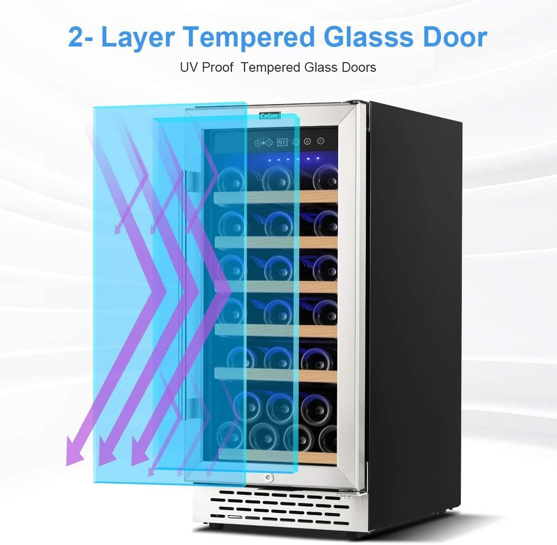 15 Inch Wine Cooler Refrigerators, 30 Bottle Fast Cooling Low Noise and No Fog Wine Fridge with Professional Compressor Stainless Steel, Digital Temperature Control Screen Built-In Freestanding