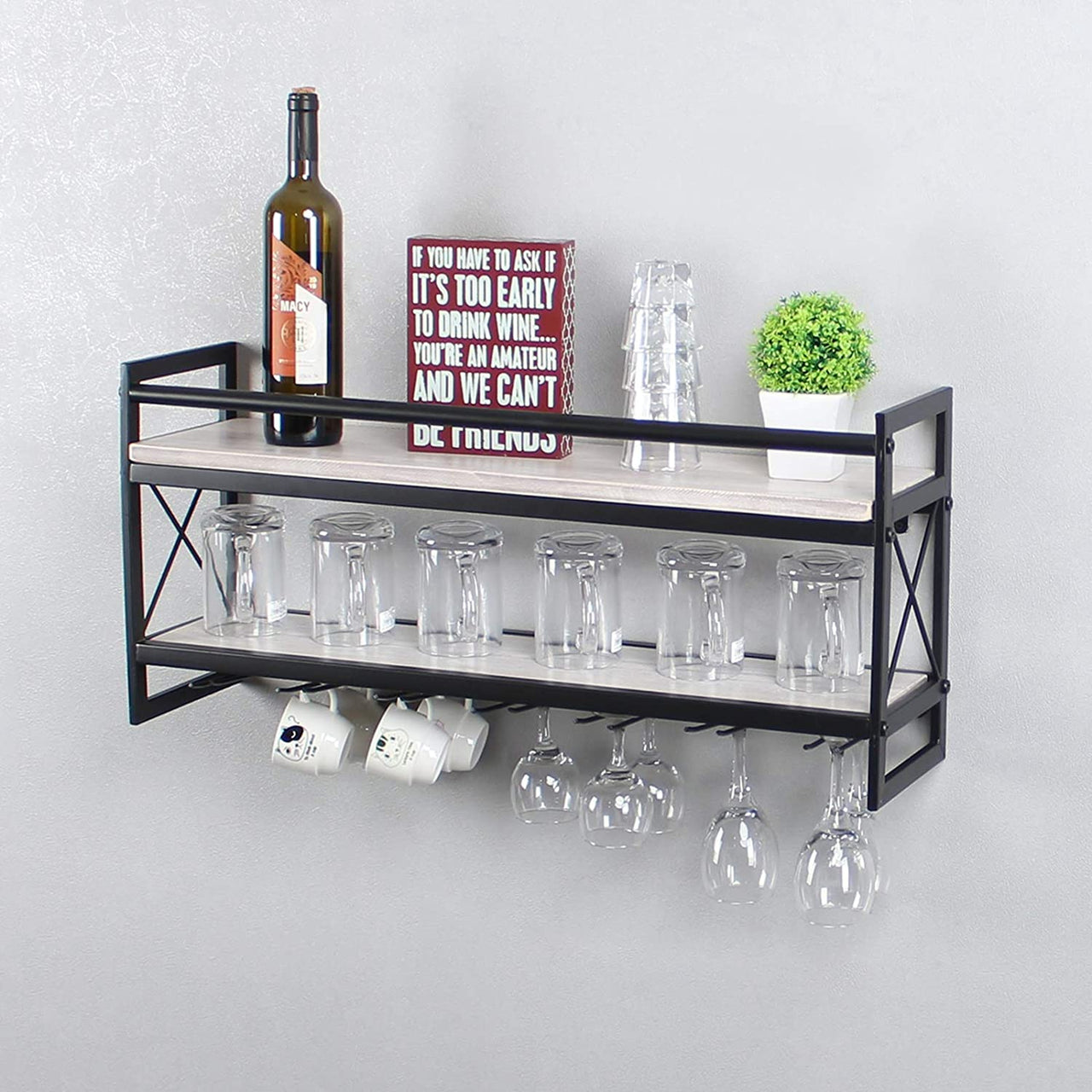 Modern Wall Mounted Wine Rack,2 Layer Bottle & Glass Holder,30 Wine Storage Stemware Glass Rack,Metal & Wood Display Racks,Home & Kitchen Decor Storage Rack,Vintage White