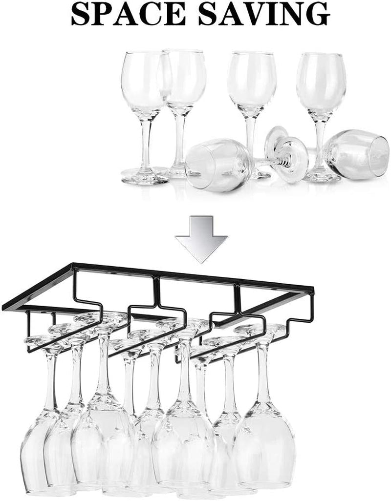 Wine Glass Rack - under Cabinet Stemware Wine Glass Holder Glasses Storage Hanger 2 Pack Metal Organizer for Bar Kitchen Black