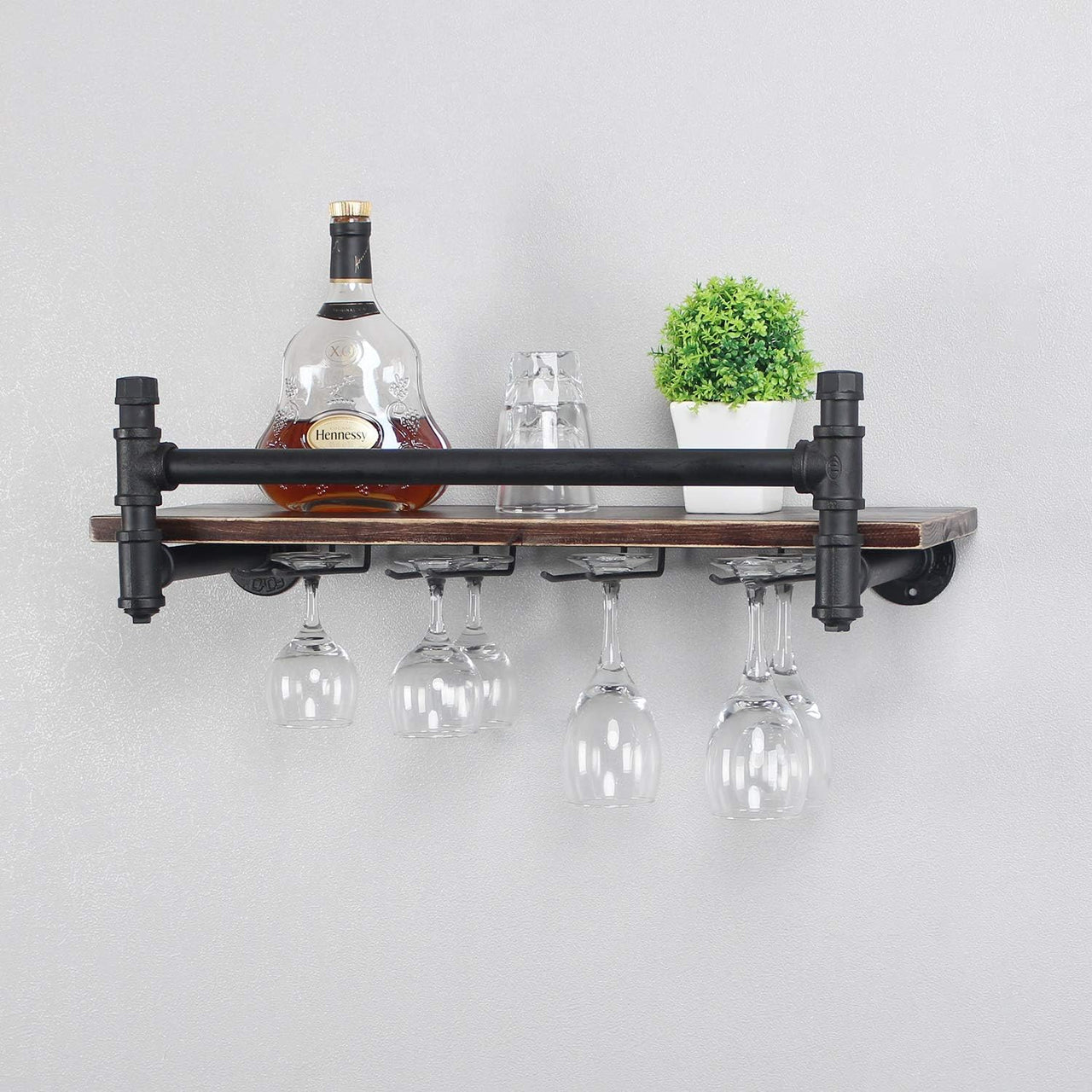 Industrial Wall Mounted Wine Rack,1-Tier Wood Shelf,Wine Bottle with 4 Stemware Glass Rack,Mugs Racks,Bottle & Glass Holder,Display Racks,Home & Kitchen Décor,Black(24 In)