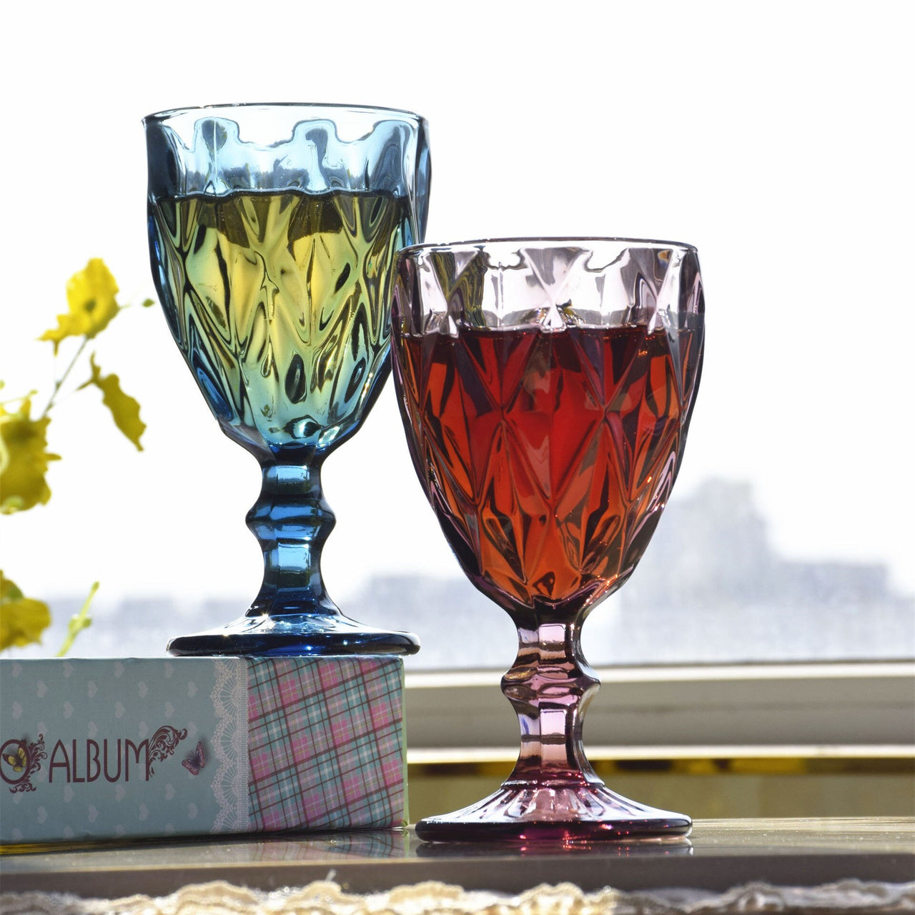 Retro Colored Wine Glasses Drink Water Cup with Multi-Color Diamond Pattern Goblet Glass