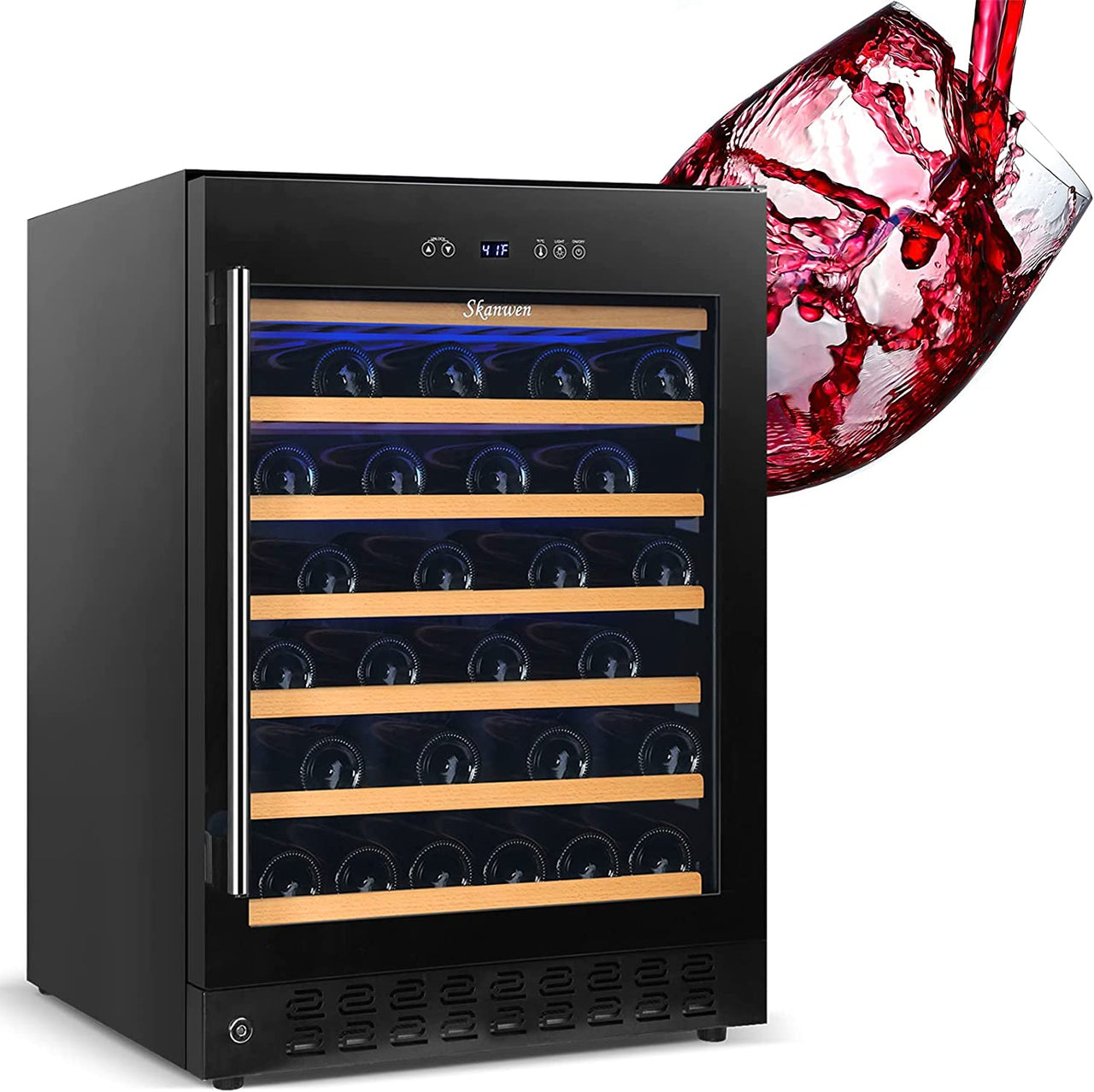 24 Inch Wine Cooler Beverage Refrigerator, 54 Bottle Storage Wine Fridge Constant Digital Temperature Control Built-In or Freestanding Compressor Wine Cellar Glass Door Stainless Steel Black