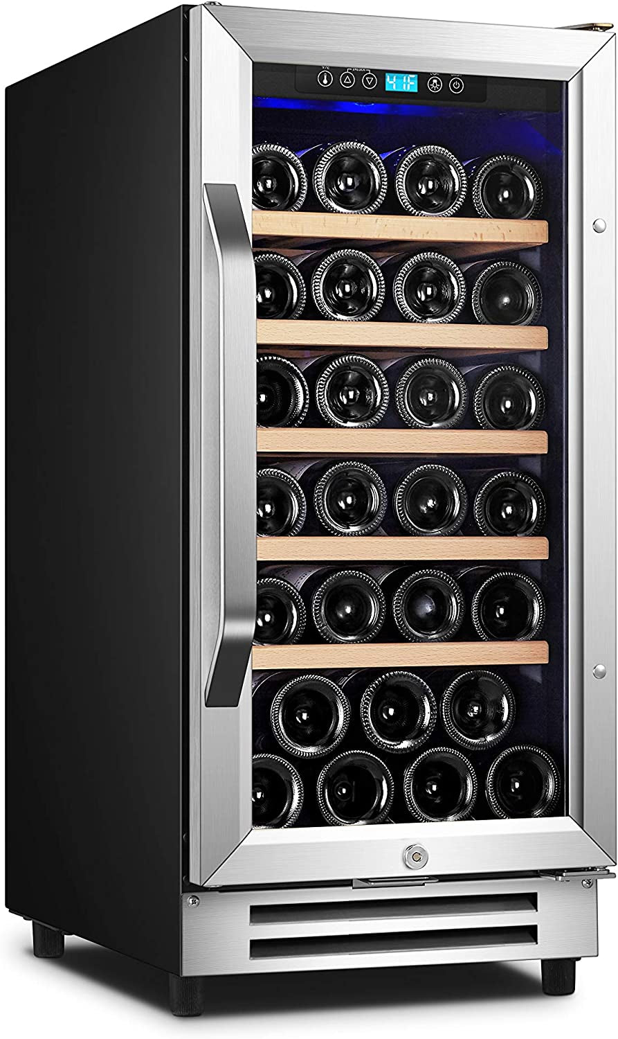 15 Inch Wine Cooler, Mini Wine Fridge 32 Bottle with Stainless Steel Refrigerator, Fit Red & White Wine, Built-In or Freestanding