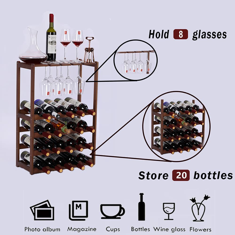 Wine Rack Free Standing 20 Bottles with 8 Glasses Holder,Bamboo Wine Storage Shelf for Home Kitchen Pantry Wine Cellar Organizer Display Stand for Wine Lover